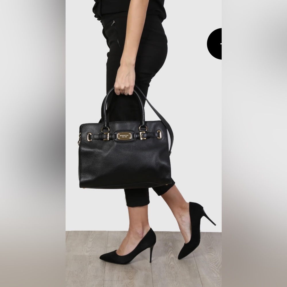 🛍 PreLoved Michael Kors Hamilton Black/Gold Satchel Shoulder Pebble Leather 🛍